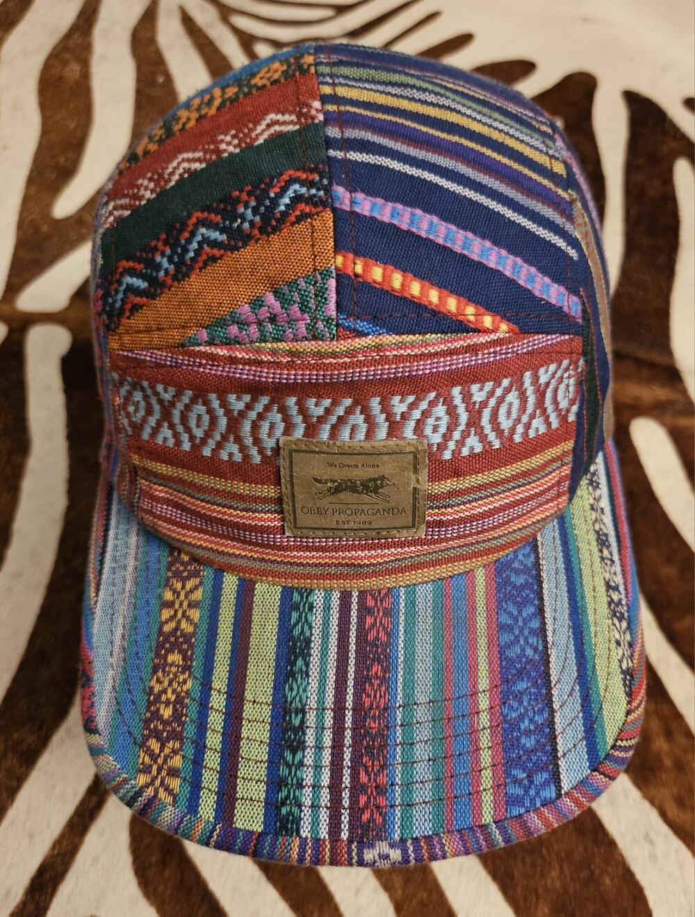 OBEY 5 Panel Adjustable Multicolor Geometric Aztec Hat Men's One Size Cotton